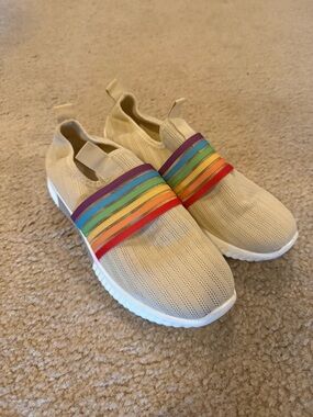 Beige Slip-On Knit Sneakers with Rainbow Strap